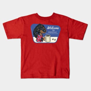 Cute Doxie with coffee in his pajamas. Kids T-Shirt